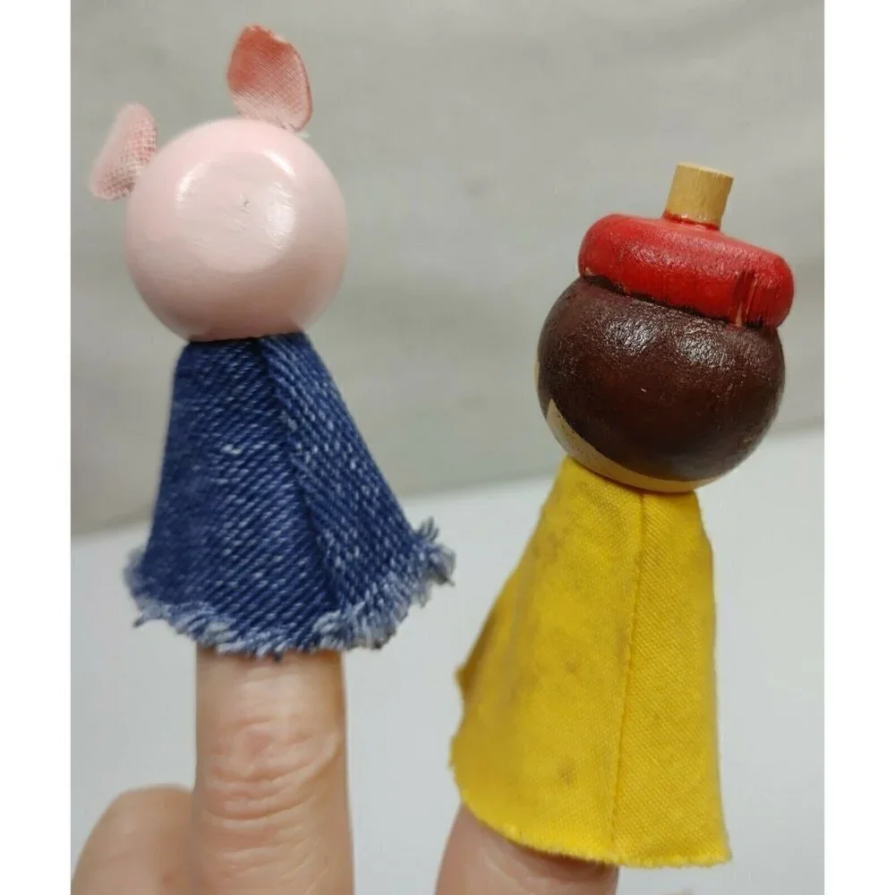 Vintage Wood And Cloth Set Boy With Hat Pig Hand Painted Finger Puppets